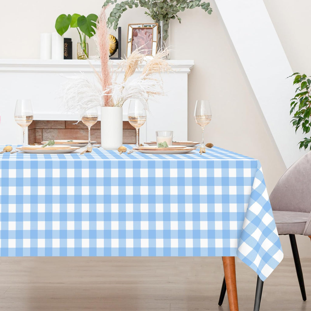 2 Pack Light Blue Gingham Tablecloth Rectangular Pale Blue and White Checkered Tablecloths Disposable Plastic Plaid Table Cover for Parties, Outdoor Picnic, Birthday, Wedding, Camping 54 × 108 Inch