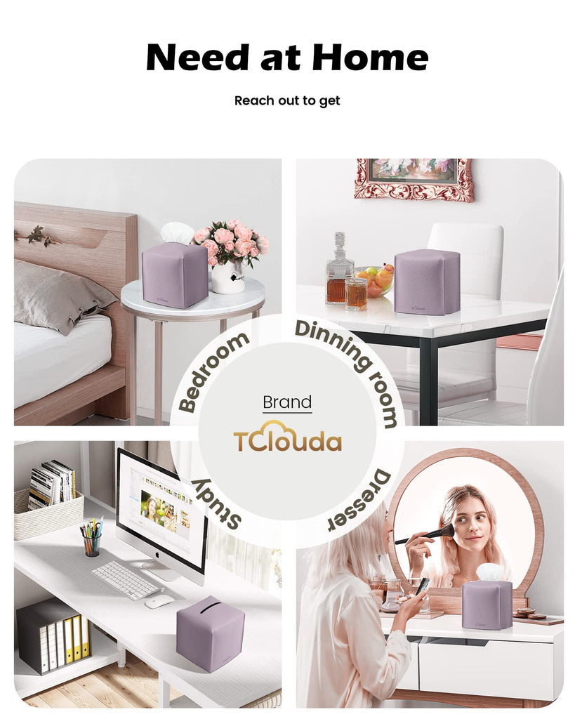 Tclouda Tissue Box Cover for PU Leather, Modern Simple Solid Color Holder Square Tissue Bag, Ideal for Bathrooms,Office,Car,Nightstand,Outdoor Tent,Dining Table,5"X5"X5", Double Purple