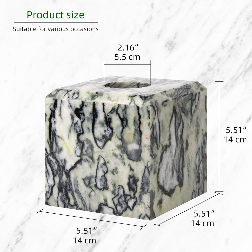 Natural Marble Square Tissue Box Cover ,Stone Modern Decorative Sturdy Napkin Box Holder Case,Facial Paper Organizer for Bathroom Vanity Toilet Countertop,Kitchen (1, Green Emerald, 5.71*5.71*5.51)