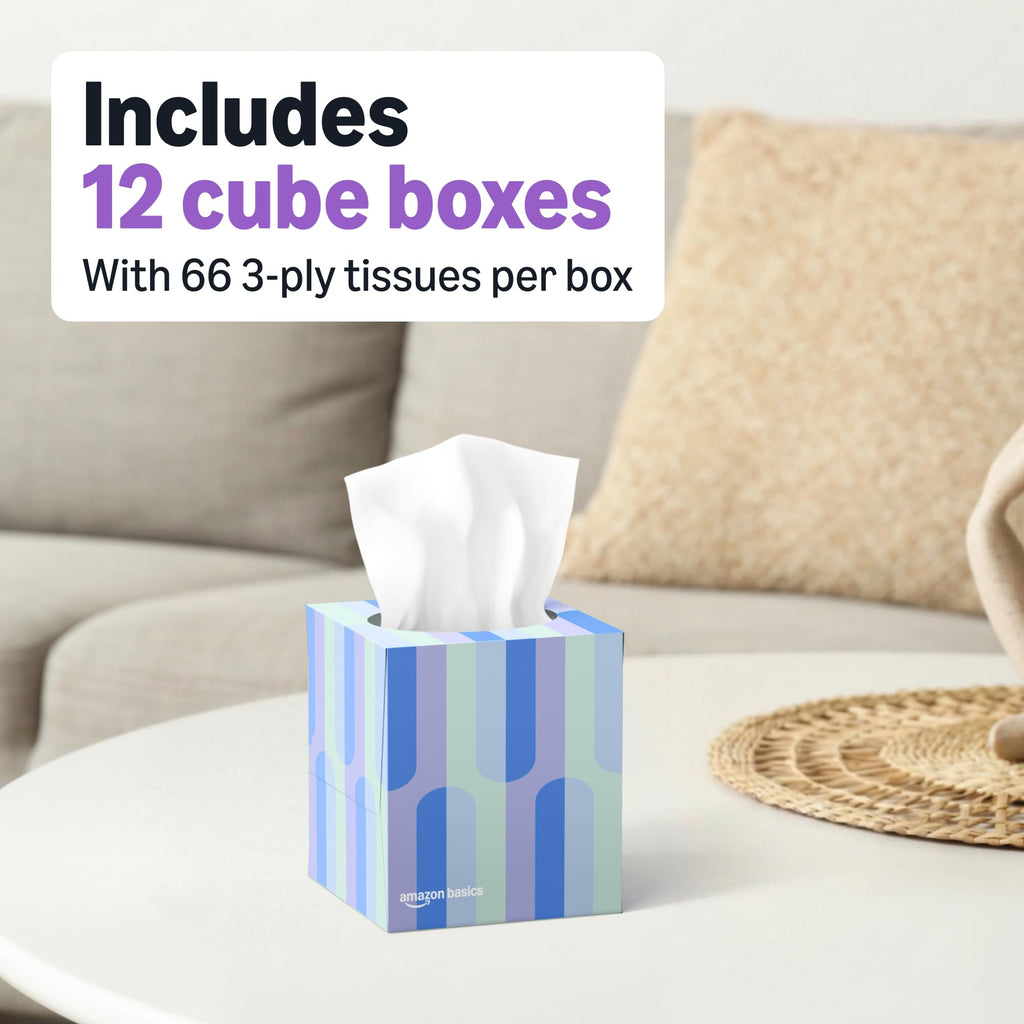 Amazon Basics Ultra-Soft 3-Ply Premium Facial Tissues, 66 Count (Pack of 12) (Previously Presto!)