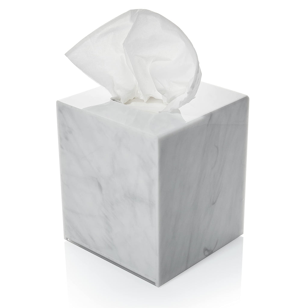 Acrylic Tissue Box Holder, Square Dispenser for Facial Tissues, Napkins, and Dryer Sheets. Perfect for Bathrooms, Desks, Countertops, Vanities, Bedrooms, and Nightstands (Square, Marble)