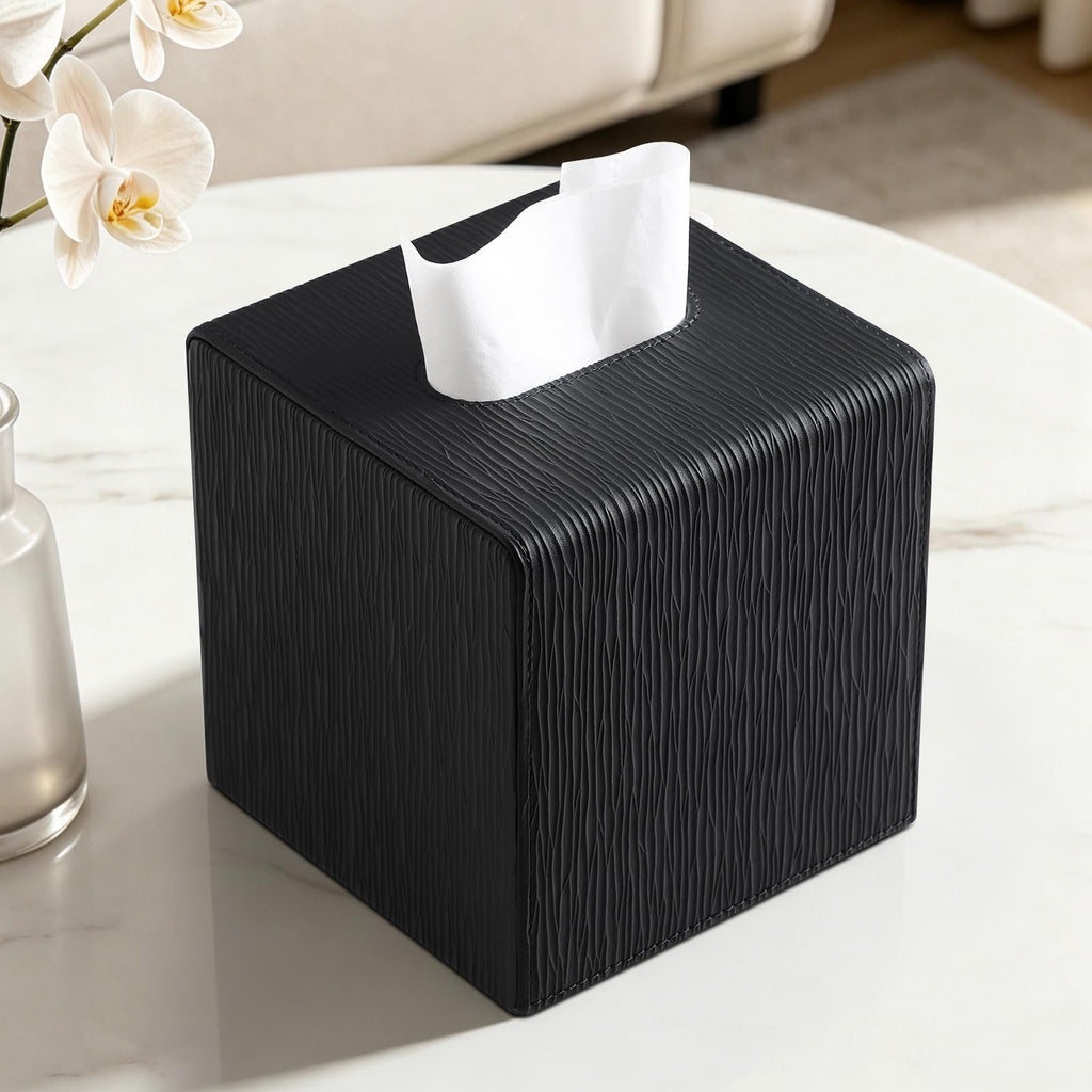 JLAMBOM PU Leather Tissue Box Cover Square, Cube Tissue Box Holder (Black)