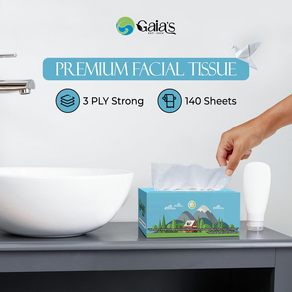 Gaias Premium 3 Ply Facial Tissues, Strong and Soft, 140 Sheets (3360 Sheets - 24 Pack) Made From Bamboo, Zero Plastic Packaging, Eco-Friendly, Sustainable, Non-Lotion, Bulk Pack
