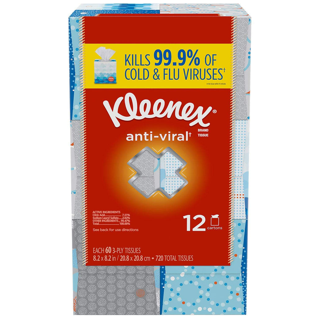 Kleenex Anti-Viral 3-Ply Facial Tissues 12 cube boxes, 55 tissues/box