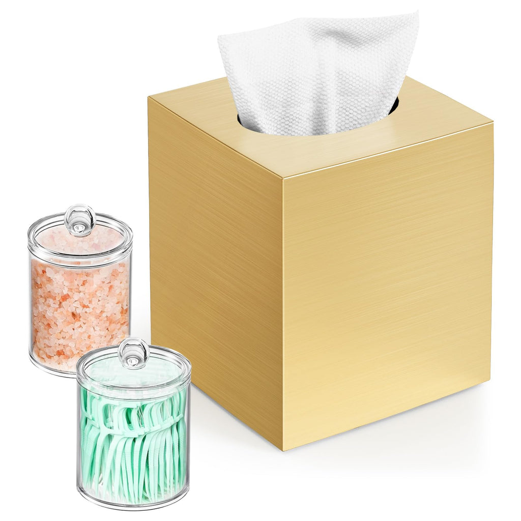 Square Tissue Box Cover with 2 Pcs Clear Qtip Holder Dispenser, Gold