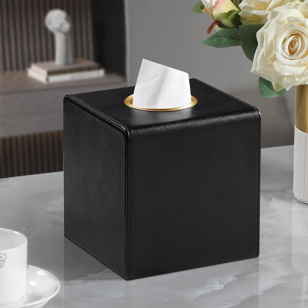 MEIBOOCH Square Tissue Box Cover with Magnetic Closure, Black