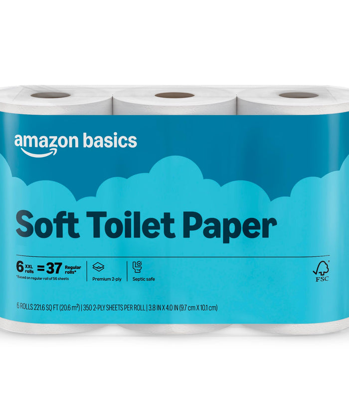 Amazon Basics 2-Ply Soft Toilet Paper, 6 Rolls, 350 Sheets per Roll, Equivalent to 37 Regular Rolls, Septic Safe