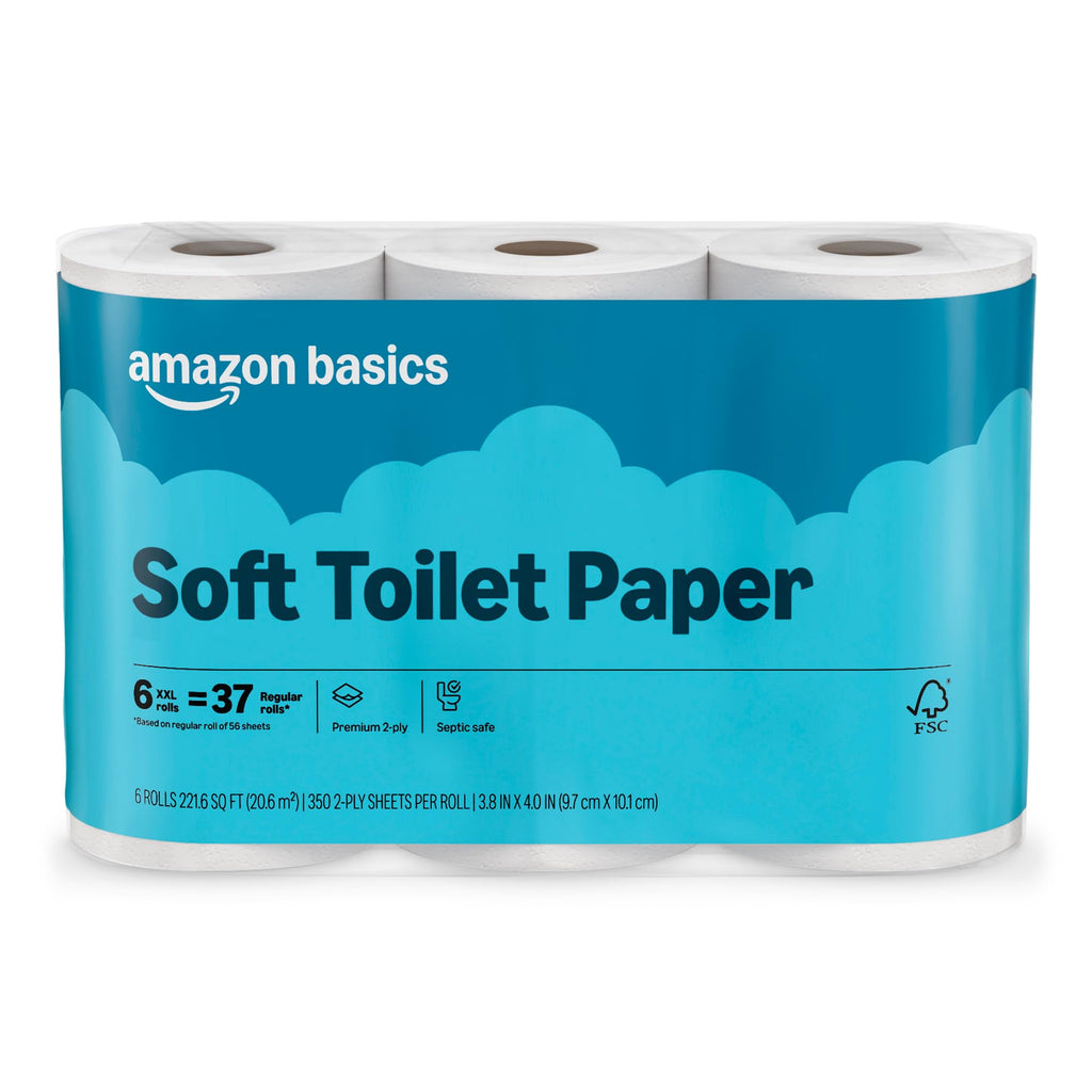 Amazon Basics 2-Ply Soft Toilet Paper, Equivalent to 37 Regular Rolls, Septic Safe, 6 Rolls (350 Sheets each) (Pack of 10)