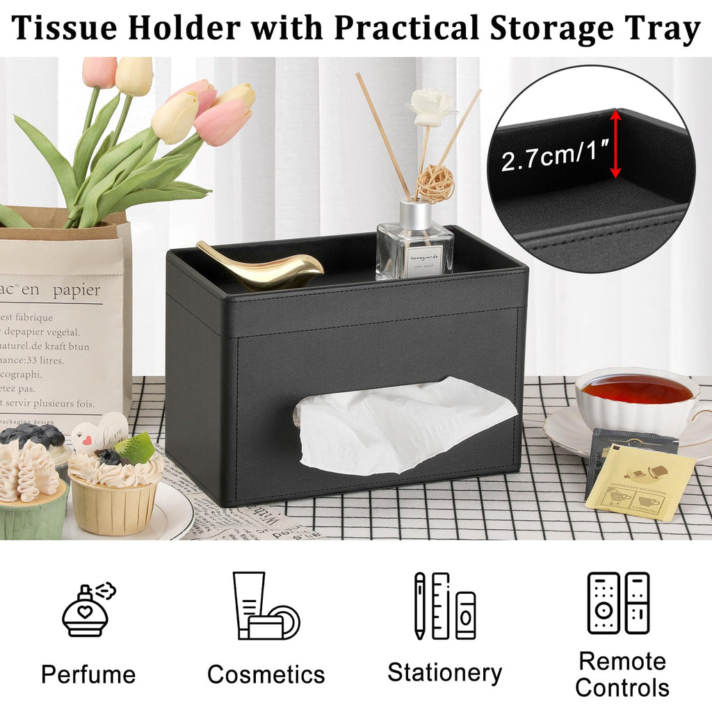 Sumnacon Tissue Box Cover with Storage Tray Rectangular Tissue Holder,Black
