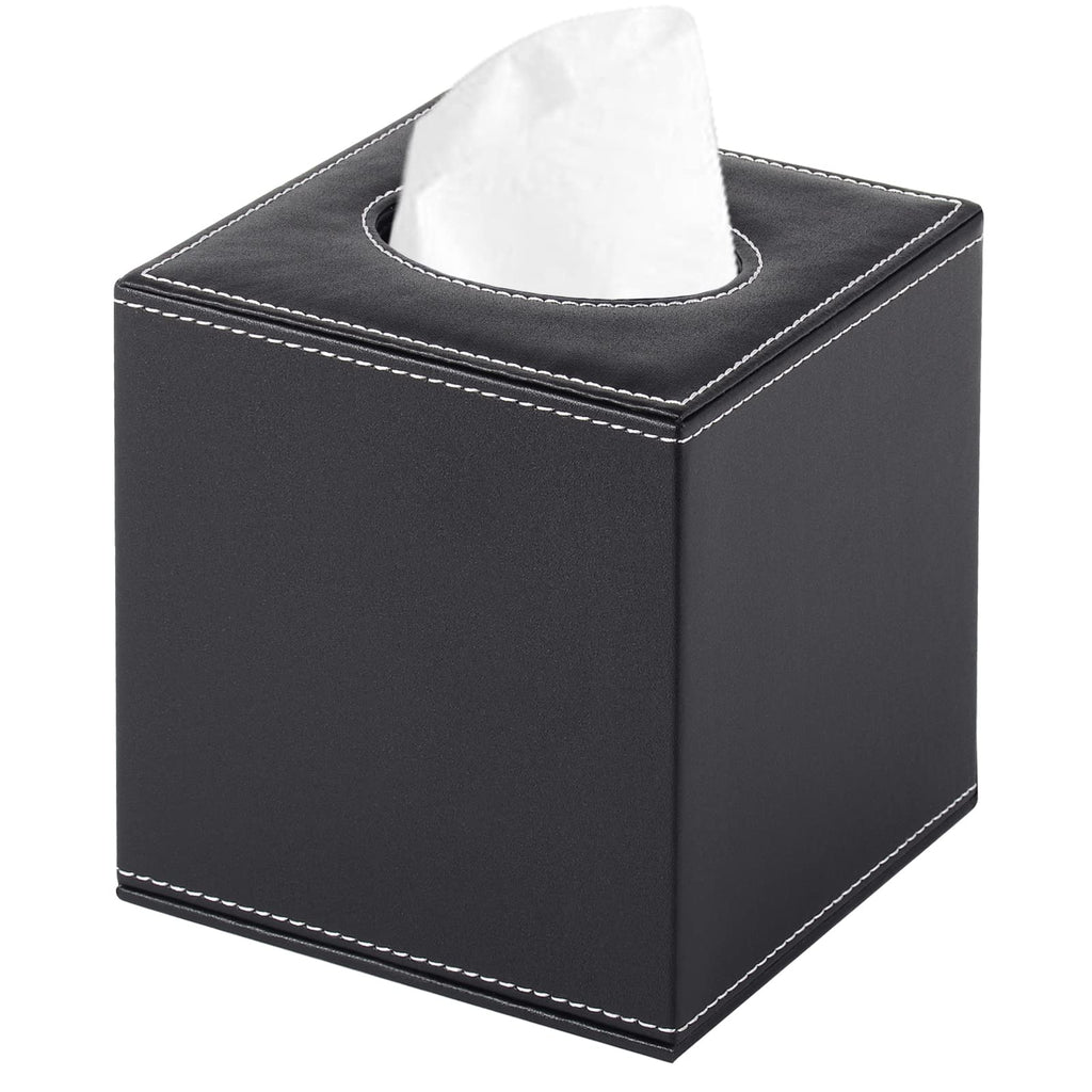 RHCSZ PU Leather Tissue Box Cover Square,Upgrade Large Size Napkin Holder Pumping Paper Case Dispenser,Facial Tissue Holder with Magnetic Bottom for Home Office Car Hotel Restaurant Black (Black-1)