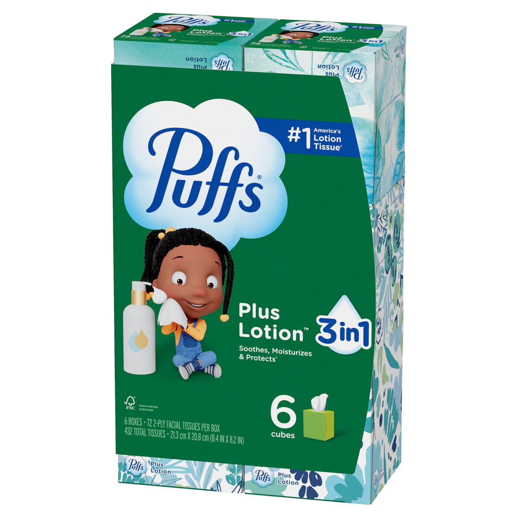 Puffs Facial Tissue Plus Lotion, Mega Cube Box, 72 Tissues Per Box, 6 Count