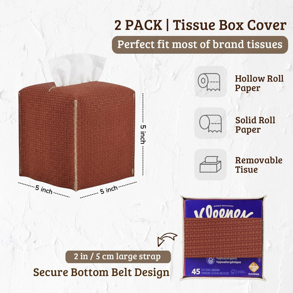 Ricomboo 2 Pack Tissue Box Cover Square, 5x5x5 PU Leather Tissue Boxes Holder, Decor Cube Paper Organizer with Bottom Belt for Bathroom, Home, Night Stands, Office, Kitchen (Terracotta Red)