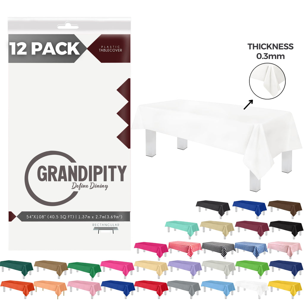 Grandipity Plastic Table Cloth Disposable 12 Pack 54” x 108” Rectangle