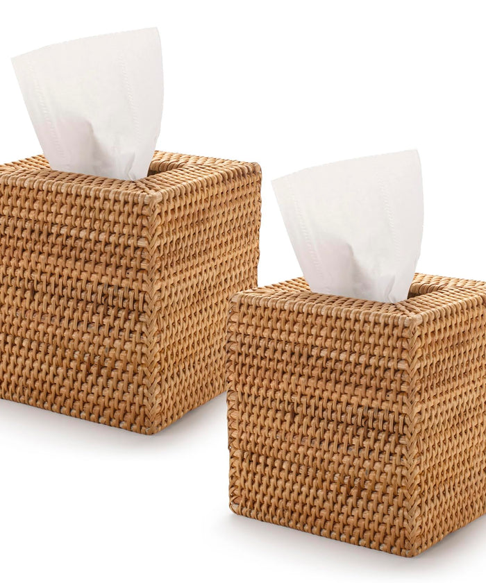2 Pack Rattan Tissue Box Cover Square, Hand Woven Wicker Tissue Holder, 5.5 x 5.5 X 5.7 inch, Natural