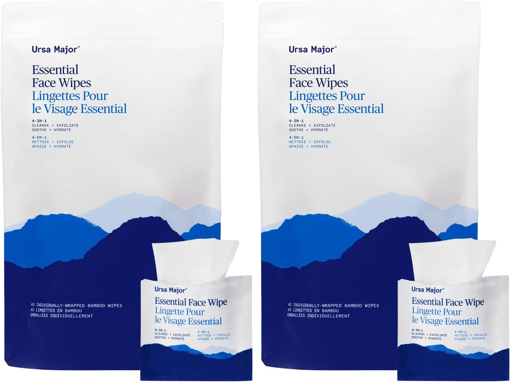 Ursa Major Essential Face Wipes | Natural, Biodegradable, Cruelty-Free | Cleanse, Exfoliate, Soothe and Hydrate | Individually Wrapped | 40 count (Pack of 2)