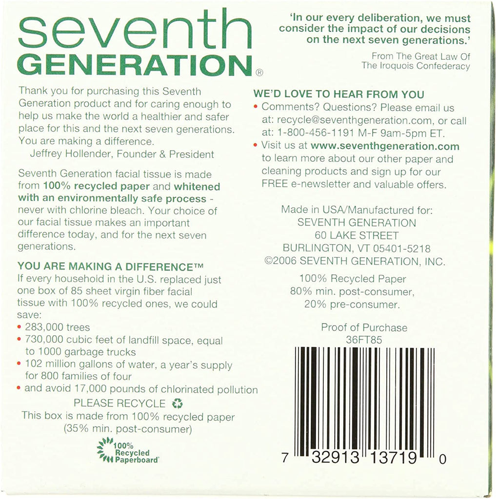 Seventh Generation Recycled Facial Tissue 85 Ct 6 Pk