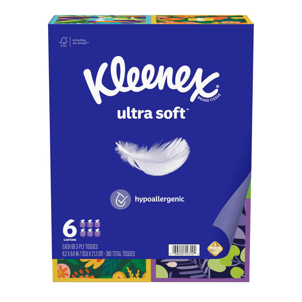 Kleenex Ultra Soft Facial Tissues, 6 Cube Boxes, 60 Tissues per Box, 3-Ply (360 Total Tissues), Packaging May Vary