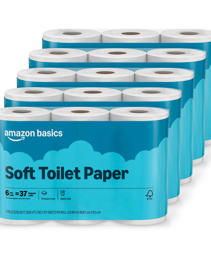 Amazon Basics 2-Ply Soft Toilet Paper, 30 Rolls (5 Packs of 6), 350 Sheets per Roll, Septic Safe, Equivalent to 185 Regular Rolls