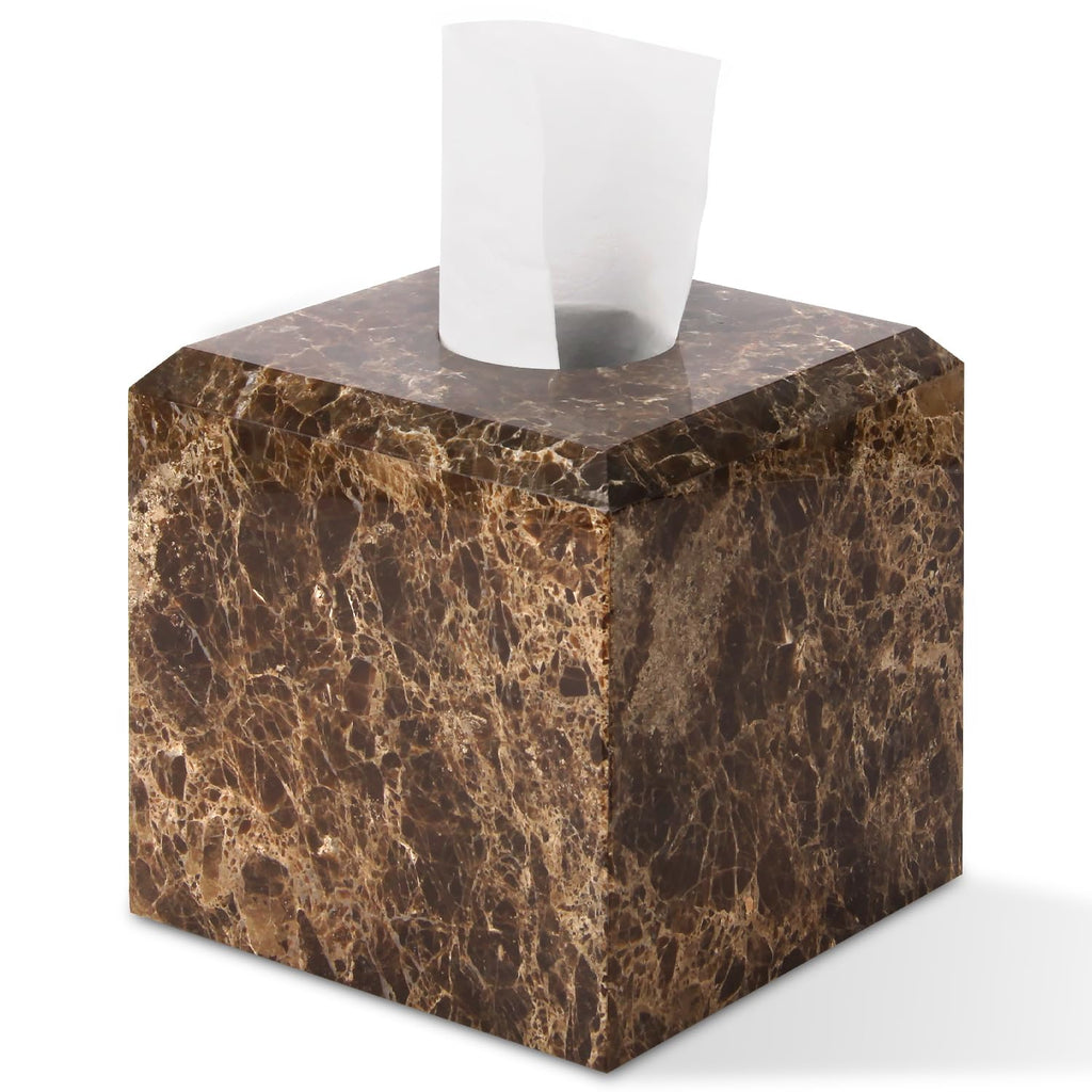 Natural Marble Square Tissue Box Cover,Stone Modern Decorative Sturdy Napkin Box Holder Case,Facial Paper Organizer for Bathroom Vanity Toilet Countertop,Kitchen (1, Dark Brown, 5.71 * 5.71 * 5.51)