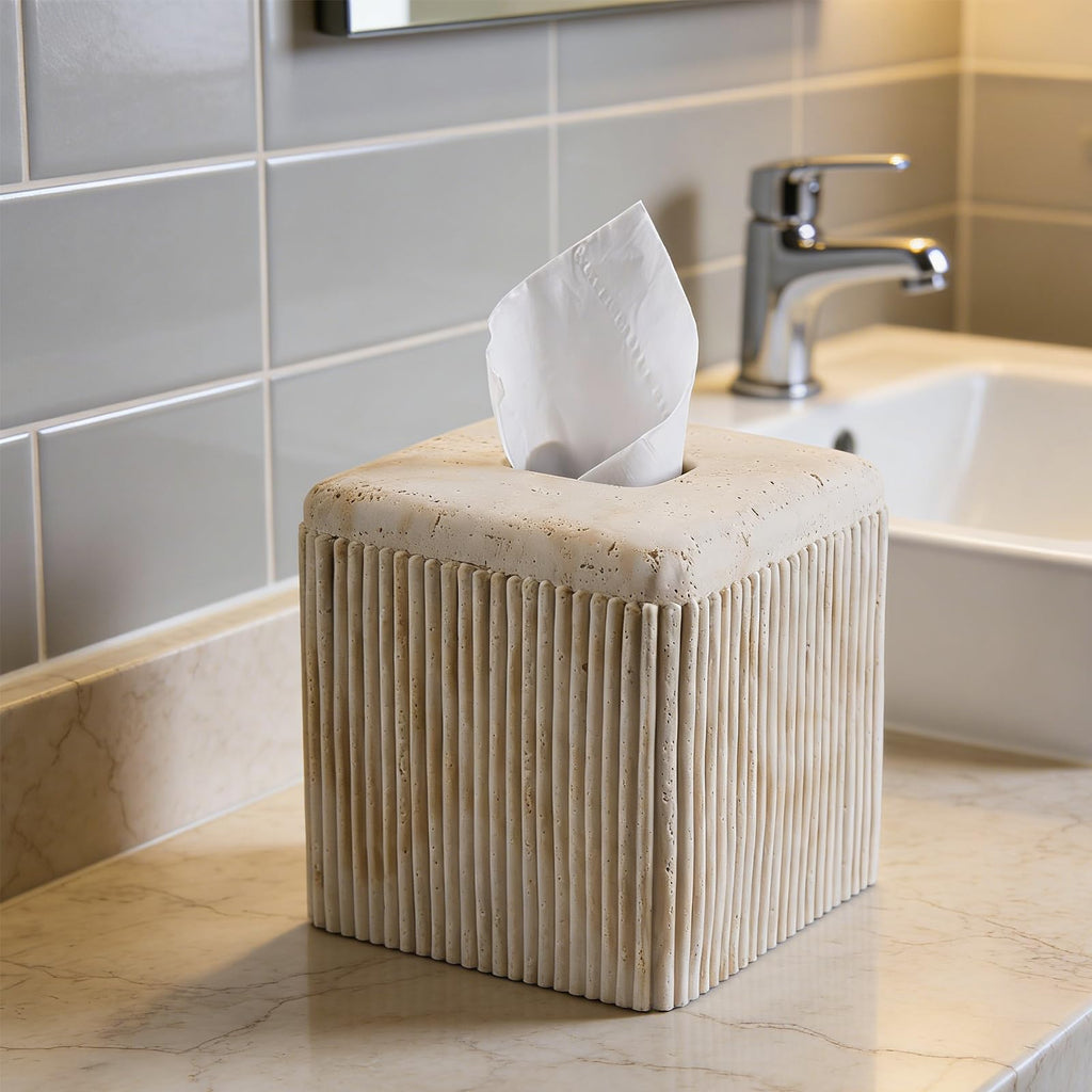 Travertine Stone-Look Ribbed Square Tissue Box Cover for Modern Home Decor
