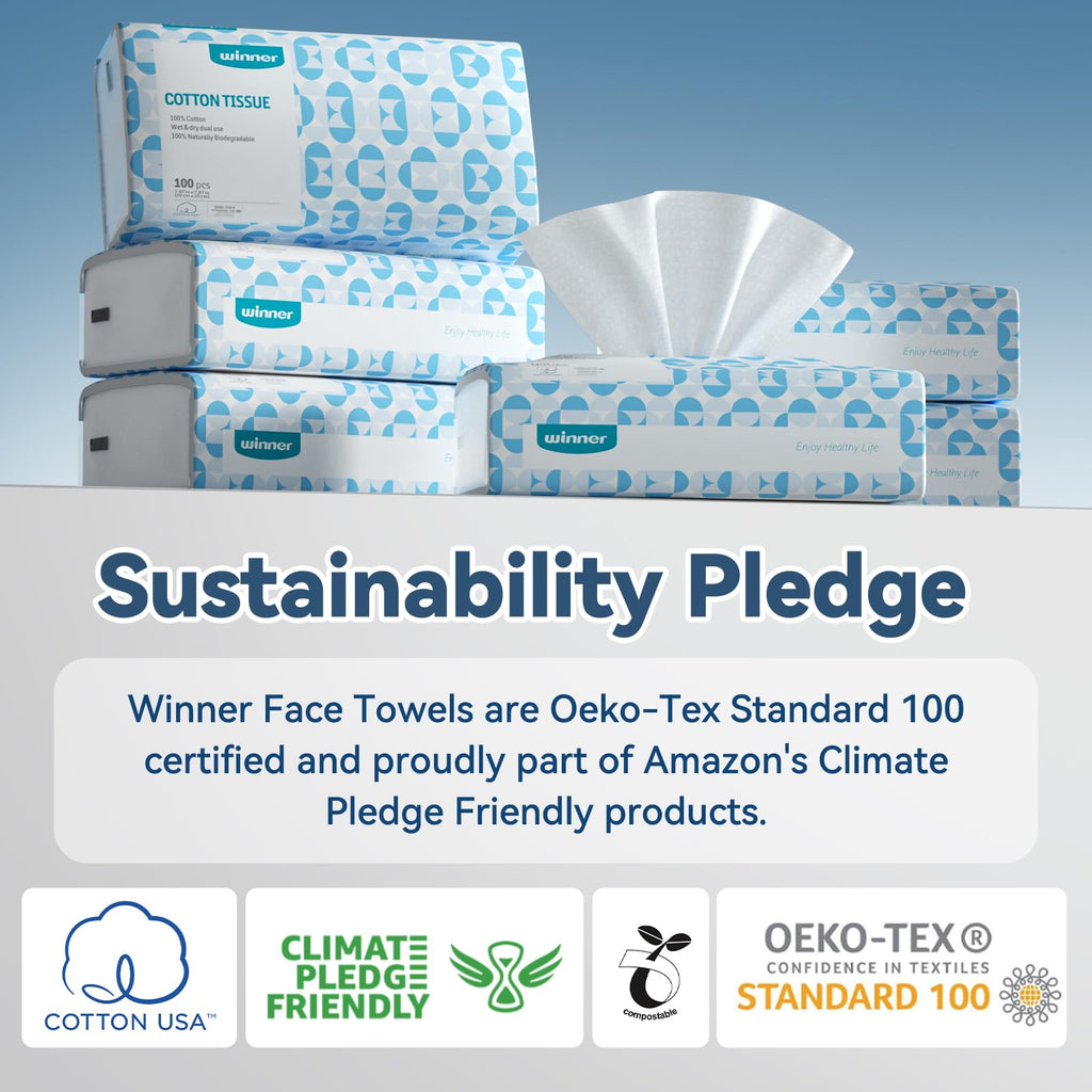 Winner Soft Face Towels, 100% USDA Biobased Facial Towels, 2 Packs per Case, 12 Bags Total, 1200 Count