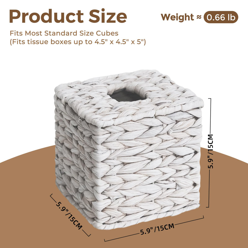 Wicker Tissue Box Cover Square, Handwoven Facial Tissue Box Holder, White