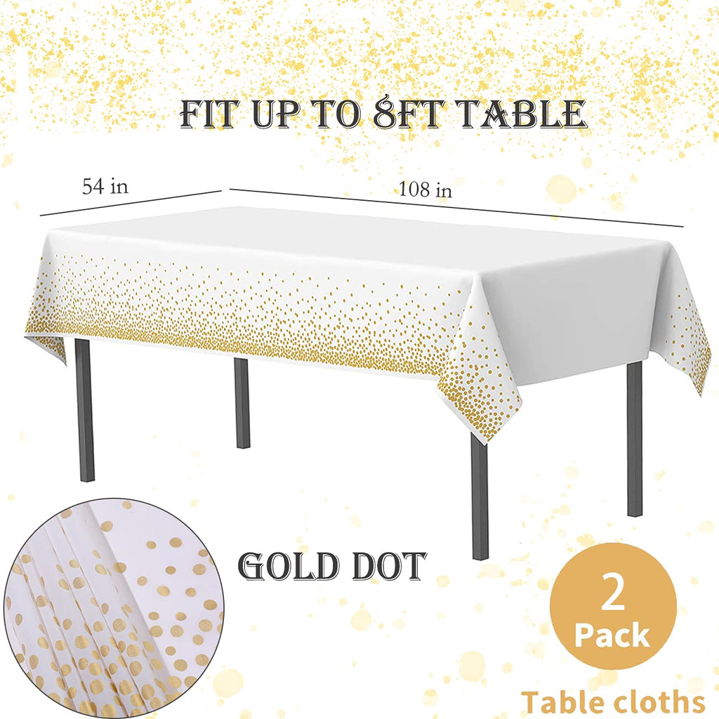 2 Pack White and Gold Tablecloth Disposable Gold Tables Tablecloths for Rectangle 54" x 108" Plastic Tablecloth Party Table Covers for Birthday Thanksgiving Christmas Wedding Outdoor BBQ (White)