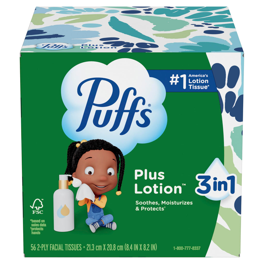 Puffs Facial Tissues Plus Lotion, 10 Cube Boxes, 56 Facial Tissues per Box, Allergies and Colds (Packaging May Vary)