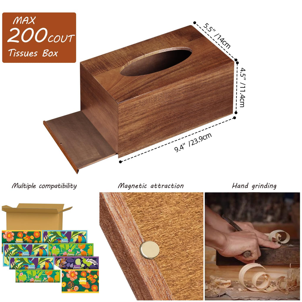 Tissue Box Cover, Wood Tissue Box Holder Rectangle with Slide-Out Bottom
