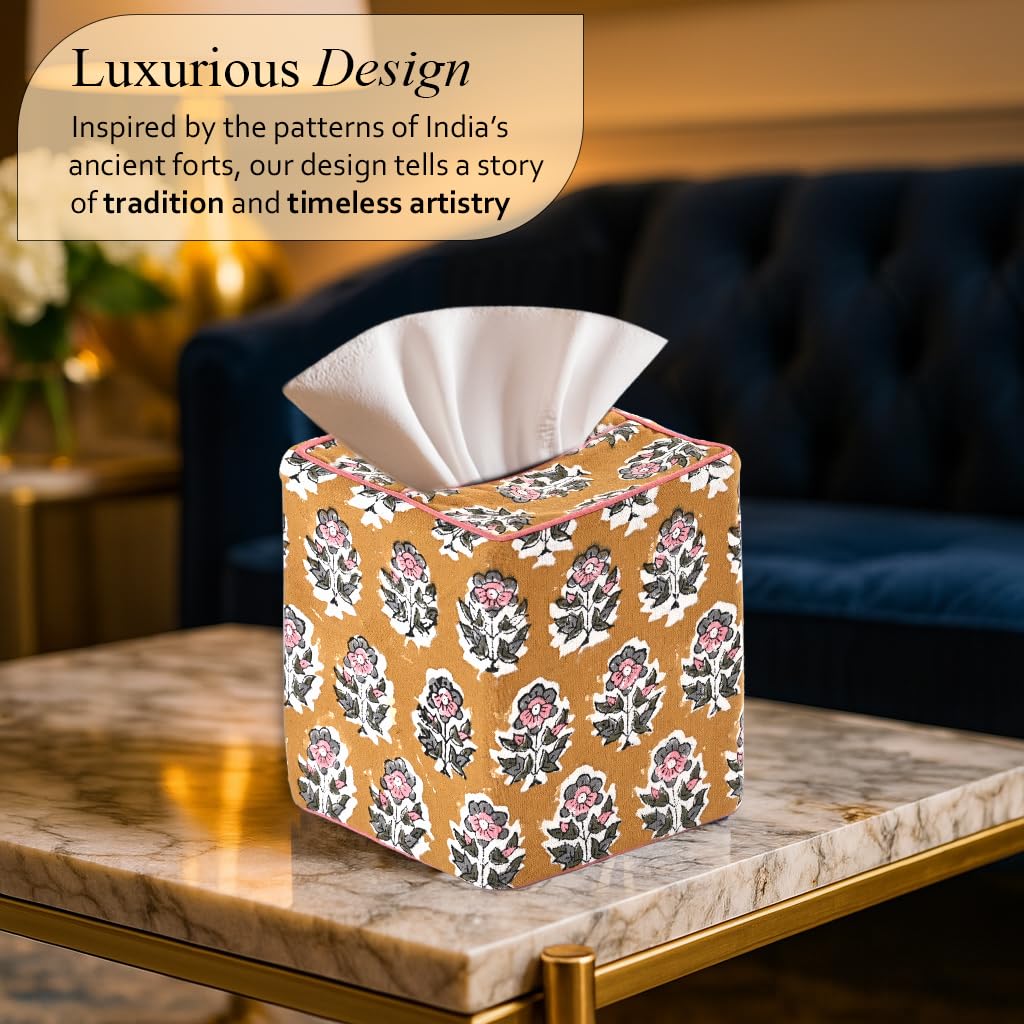 CPC 100% Cotton Piping Block Print Tissue Box Cover, Citrine Yellow