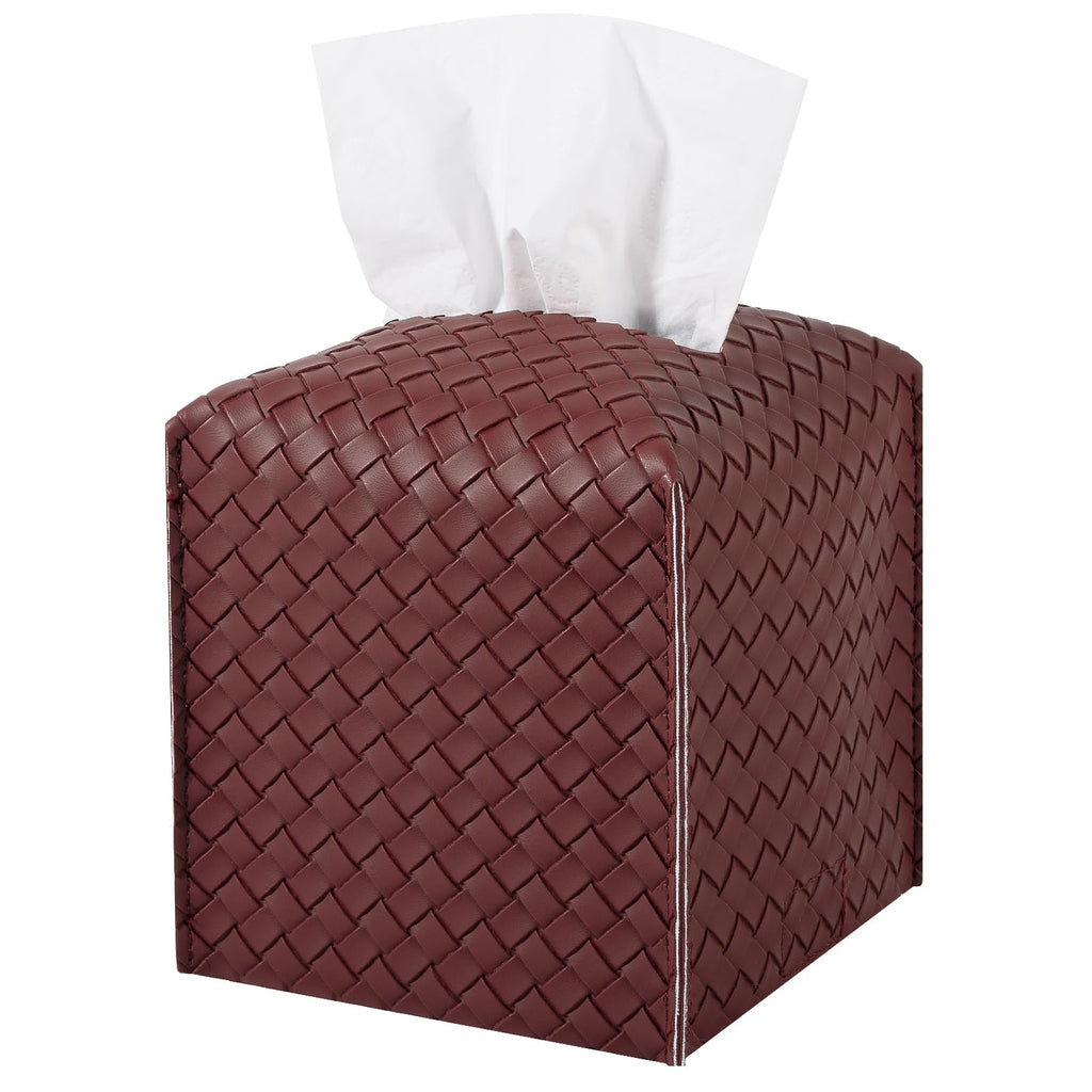 Tissue Box Cover Square Leather Facial Paper Holder, Dark red