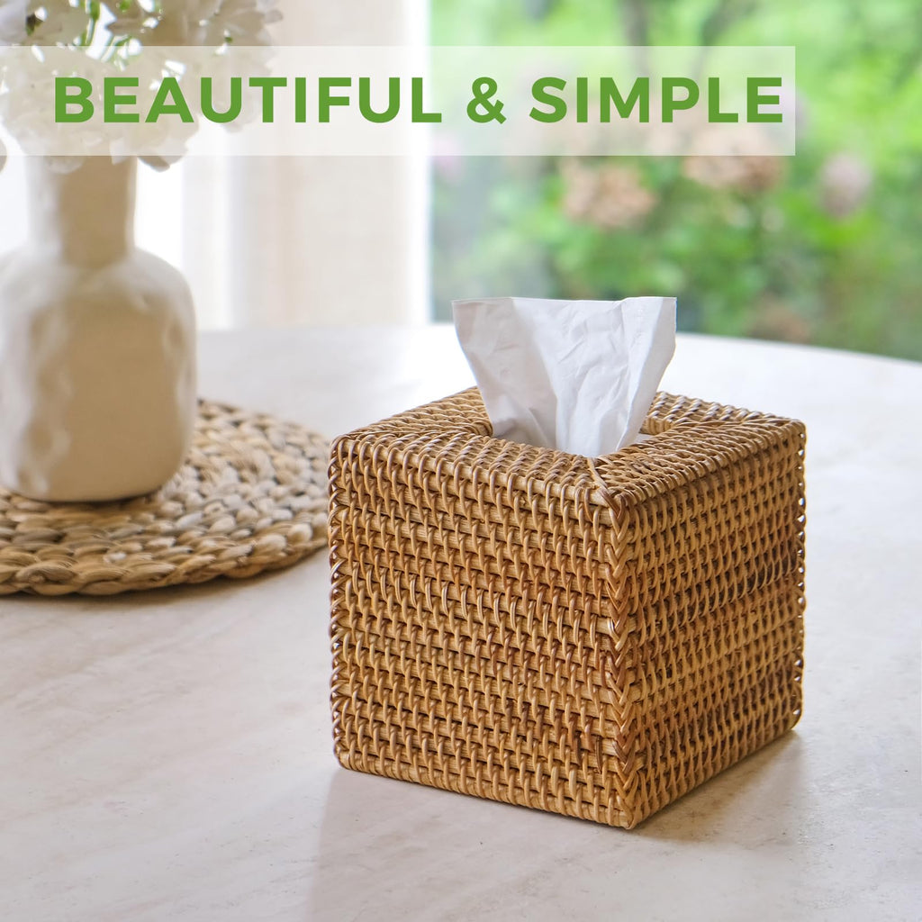 Rattan Tissue Box Cover Square, Handwoven Wicker Facial Tissue Box Holder