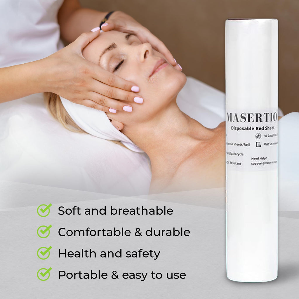 MASERTIO Disposable Massage Bed Cover - 60 Sheets Per Roll, Non-woven Material - Ideal for Spa, Tattoo, Waxing - No Crinkle Table Sheets - 31.5 x 71 Inches (2 Rolls)