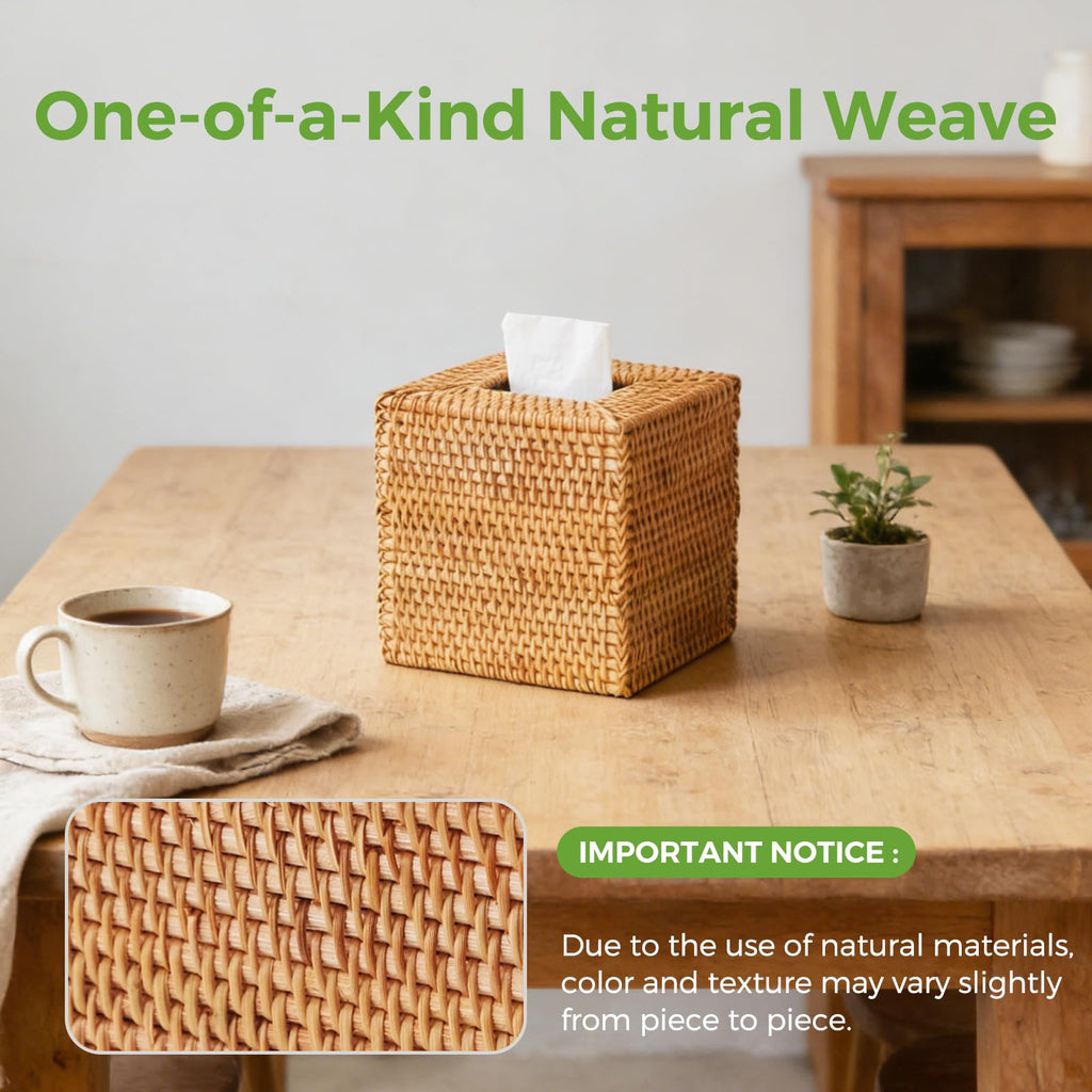 Rattan Tissue Box Cover Square, Handwoven Wicker Facial Tissue Box Holder