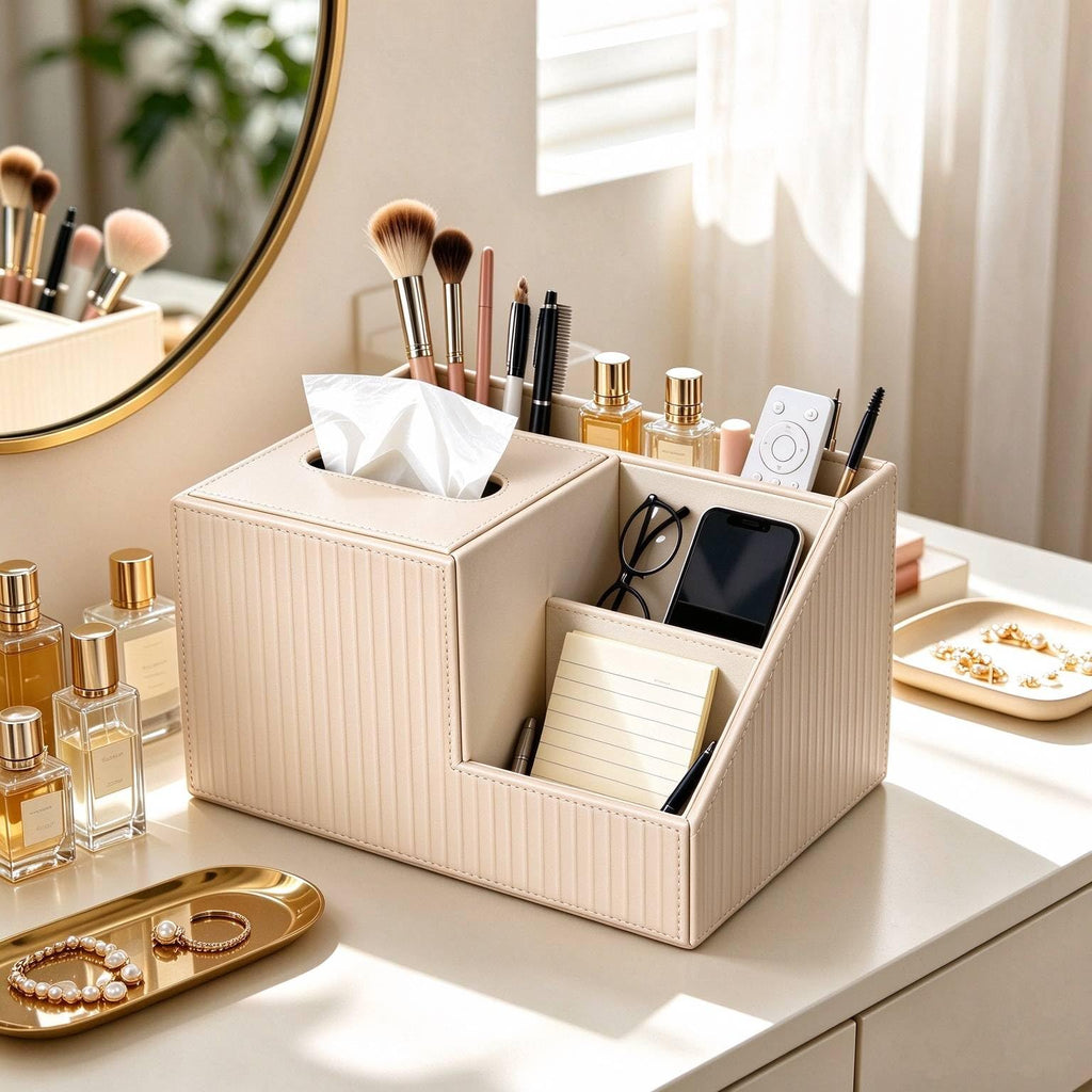 Multifunctional Tissue Box Cover Holder,Storage Desk Organizer(Apricot)