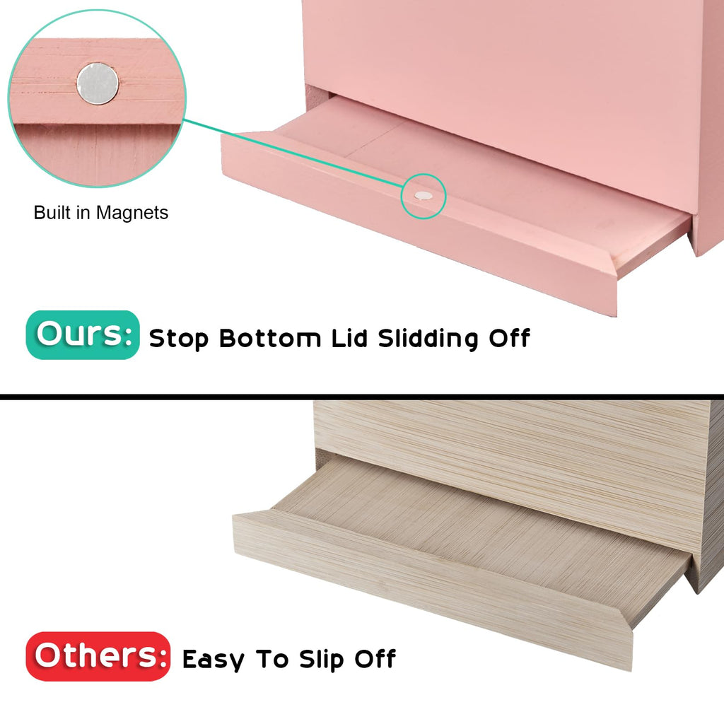 Pink Tissue Box Cover Square - Wood Tissue Box Holder for Tabletop Night Stands Bathroom Office - Decorative Facial Cube Tissue Box Dispenser