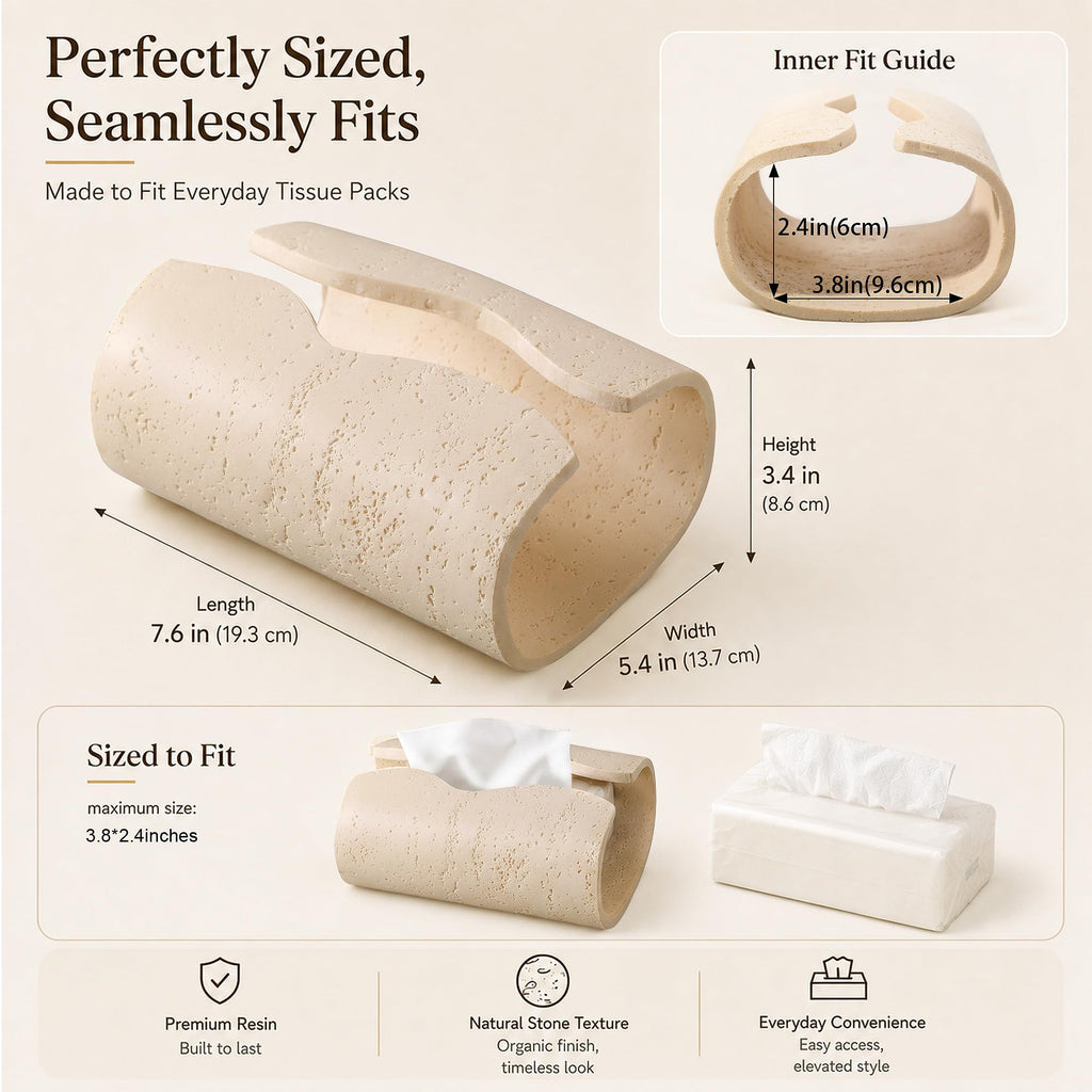 Decorative Tissue Box Holder, Rectangle Travertine Textures Resin Tissue Box Cover, Stone-Look Curved Open Design, Wabi Sabi Organic Modern Home Decor for Bathroom, Bedroom, Living Room, Office, Beige