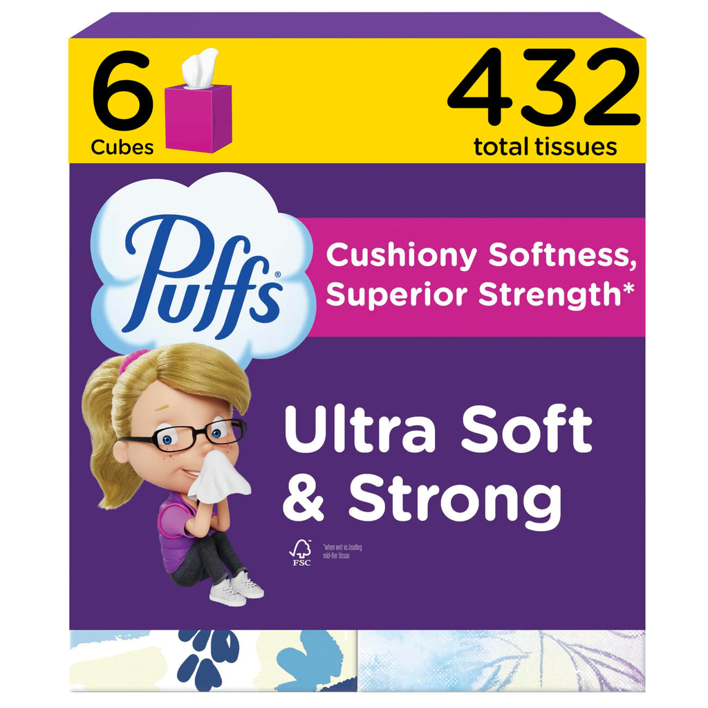 Puffs Ultra Soft Facial Tissuess, Mega Cube, 72 Facial Tissues Per Box, 6 Count