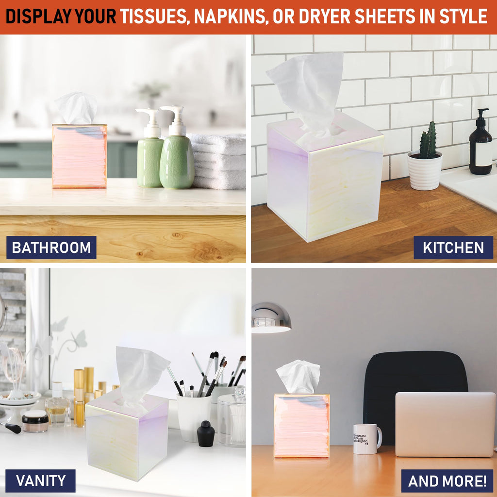 Acrylic Tissue Box Holder, Clear Dispenser for Facial Tissues, Napkins, and Dryer Sheets. Perfect for Bathrooms, Desks, Countertops, Vanities, Bedrooms, and Nightstands (Square, Iridescent)