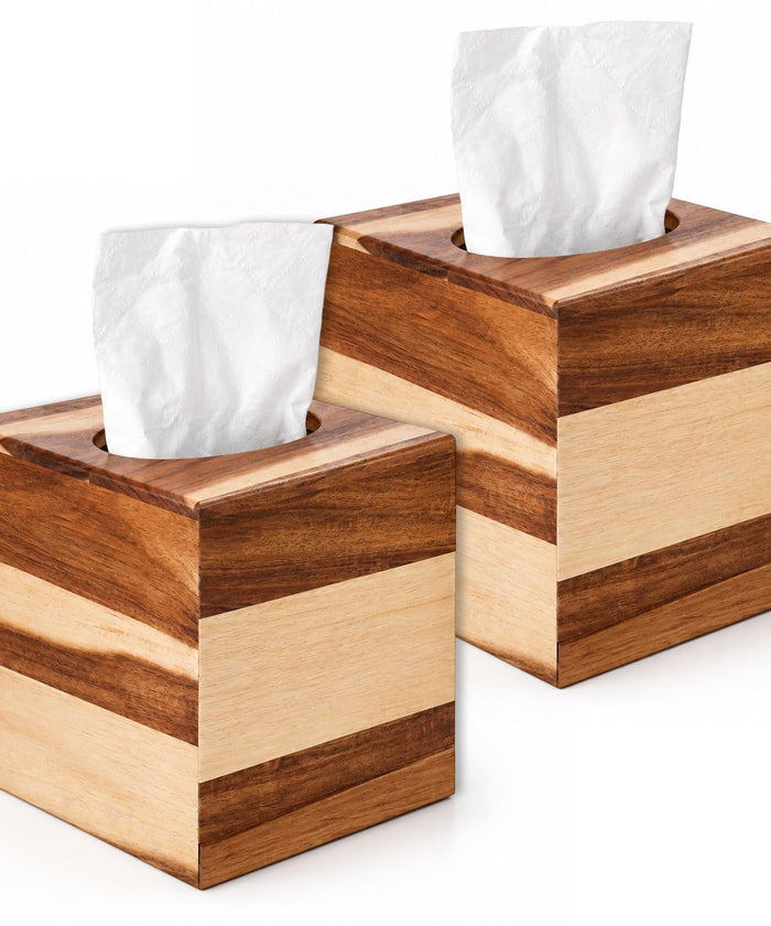 2 Pcs Wooden Tissue Box Cover with Brown Wood for Bathroom, Farmhouse Decor