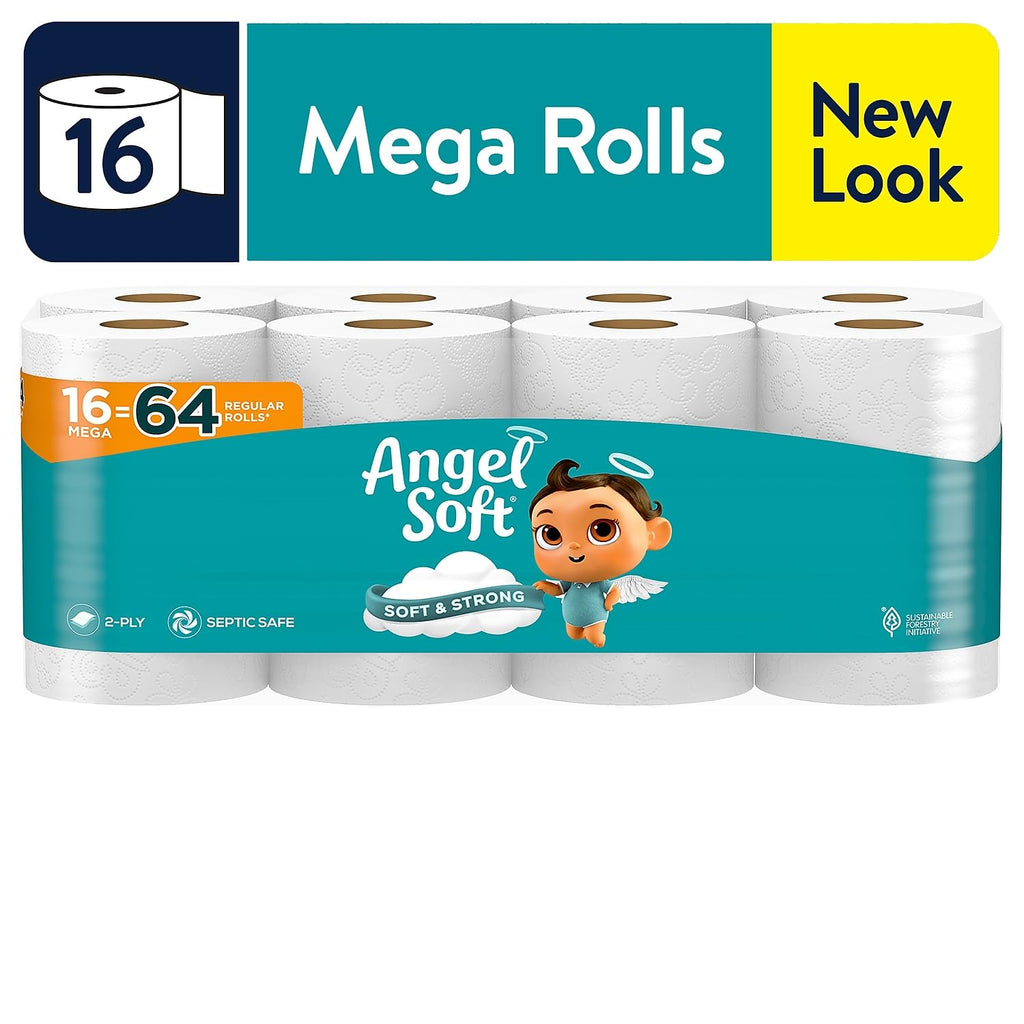 Angel Soft Toilet Paper, 16 Mega Rolls = 64 Regular Rolls, Soft and Strong Toilet Tissue