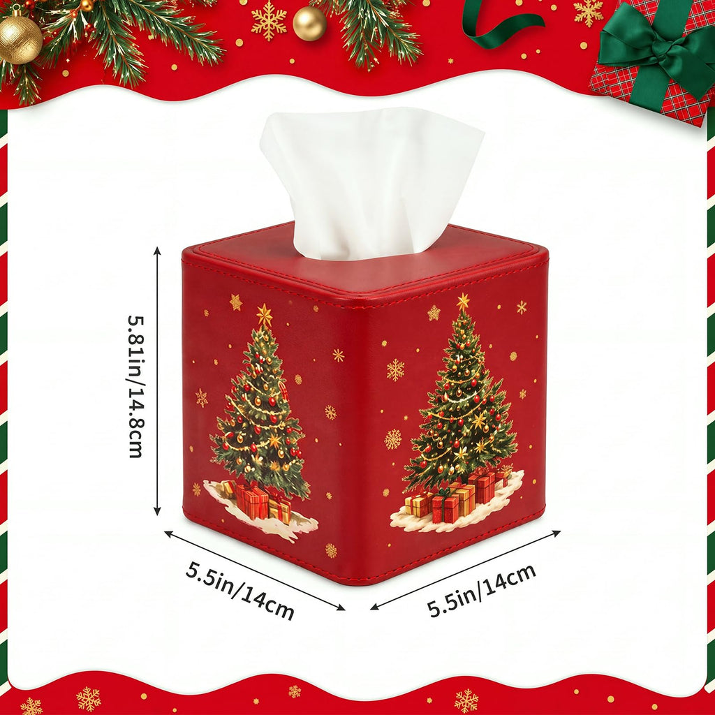 Thyle 2 Pcs Christmas Square Tissue Box Cover Red PU Leather Christmas Tree Snowman Tissue Box Holder Closure Xmas Decorations Cube Napkin Holder for Kitchen Car Home Office Living Room Bedroom