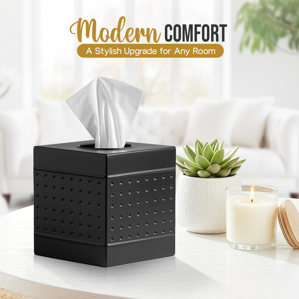 LUXMODE Handmade Matte Black Metal Tissue Box Cover – Square – 5x5x5.25 Inch – Open Bottom - Modern Black Tissue Holder for Bathroom, Living Room, Bedroom & Office Décor