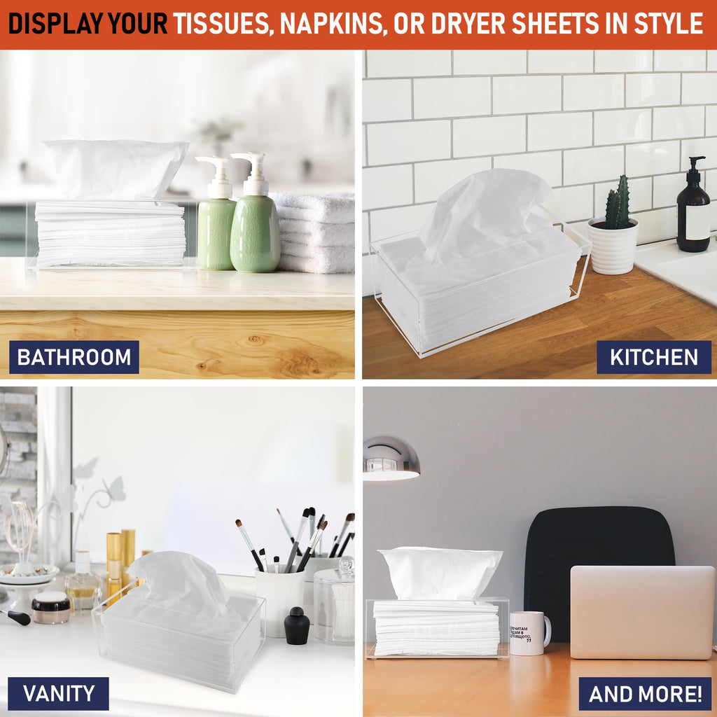 Acrylic Tissue Box Holder, Clear Dispenser for Facial Tissues, Napkins, and Dryer Sheets. Perfect for Bathrooms, Desks, Countertops, Vanities, Bedrooms, and Nightstands (Rectangle, Clear) (Pack of 2)