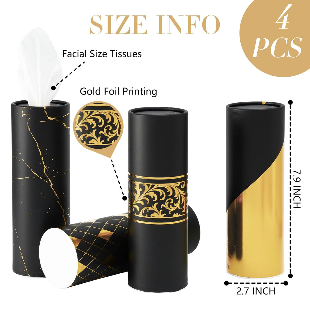 4 Pack Black Car Tissue Holder with 3-Ply Facial Tissues Bulk, Gold Foil