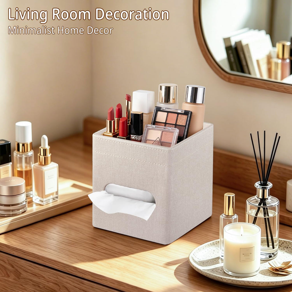 Square PU Leather Tissue Box Cover with Top Storage Tray,Tissues Dispenser