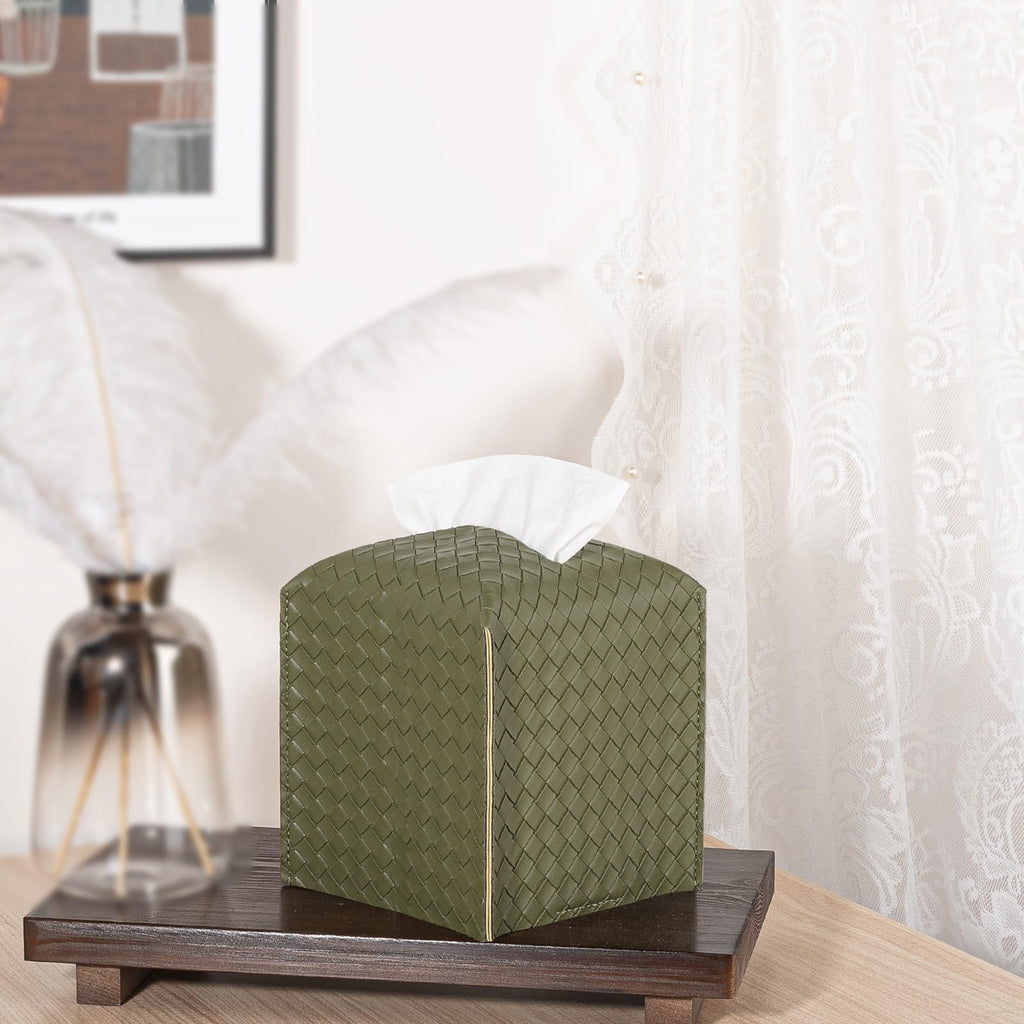 Tissue Box Cover Square Leather Facial Paper Holder, Olive Green