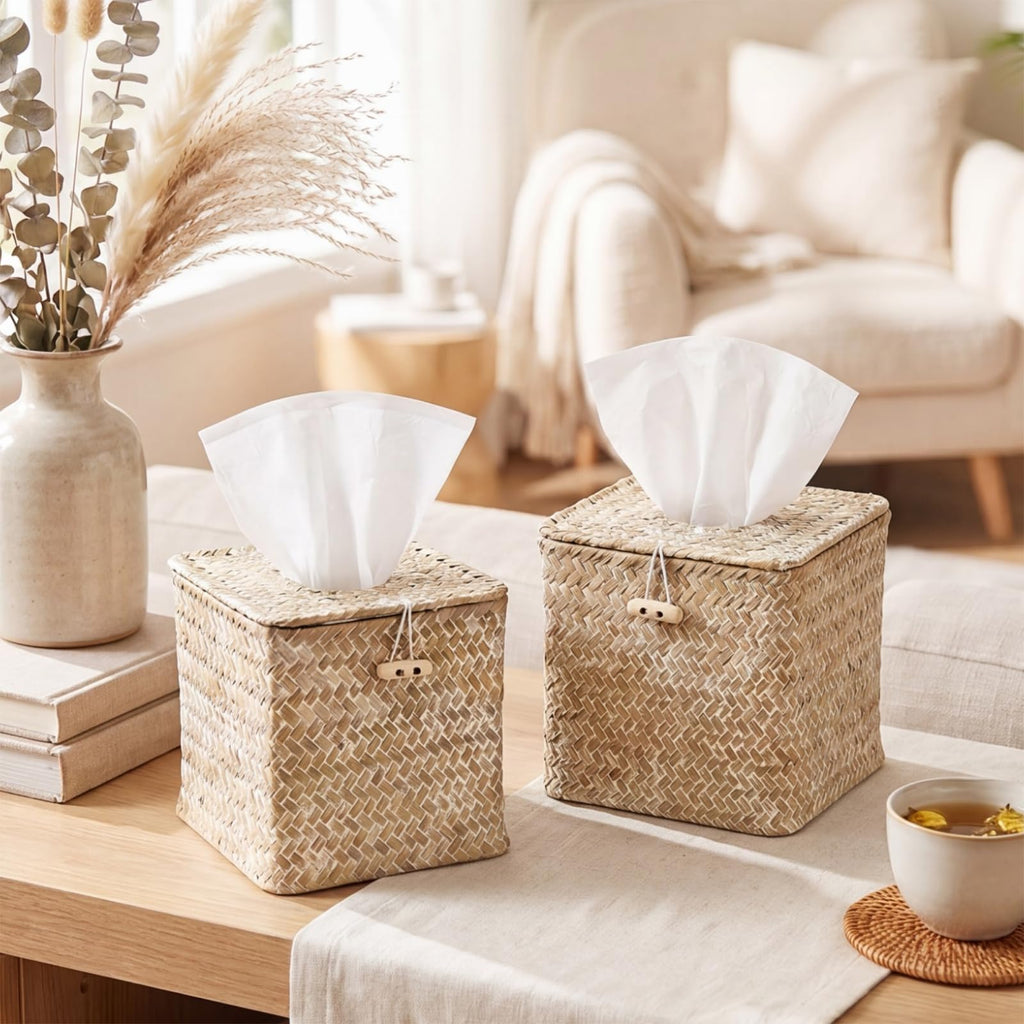 Thyle 2 Pcs Tissue Box Cover Square Seagrass Tissue Box with Lid, Woven Napkin Holder Rustic Cube Boho Whitewashed Paper Case for Bathroom Toilet Bedroom Living Room Kitchen Table Desk Office Car