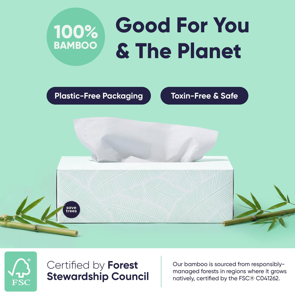 Save Trees Bamboo Facial Tissues - 12 Boxes of Eco-Friendly, 3-Ply Hypoallergenic Tissues, 90 Sheets per Box, FSC Certified, Plastic-Free Packaging, Soft & Gentle for Home Use