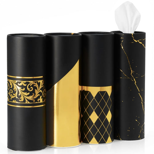 4 Pack Black Car Tissue Holder with 3-Ply Facial Tissues Bulk, Gold Foil